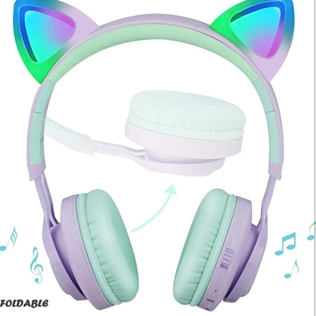 Kids Headphones, CT-7S Cat Ear Bluetooth Headphones Volume Limiting 85dB,LED Light Up Kids Wireless Headphones Over Ear with Microphone for iPhone/iPad/Laptop/PC/TV (Purple&Green)
