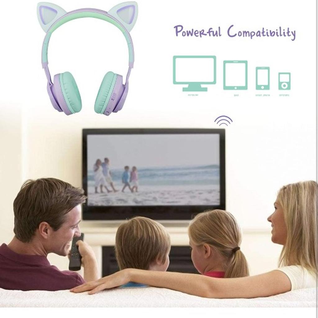  Kids Headphones, CT-7S Cat Ear Bluetooth Headphones Volume Limiting 85dB,LED Light Up Kids Wireless Headphones Over Ear with Microphone for iPhone/iPad/Laptop/PC/TV (Purple&Green)