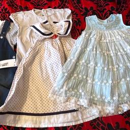New cotton denim set, white t-shirt,light turquoise lined fluffy dress, white polka dot cotton dress.