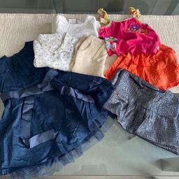 Great mix of clothes. 
Party dress by  polarn with satin ribbon and underskirt netting 
Cool 60’s inspired gap metallic dress
Perfect 2 piece summer tropical skirt & top
Baggy zara trousers
Perfect summer blouse by Zara with buttons on sleeve to roll up
Monsoon top