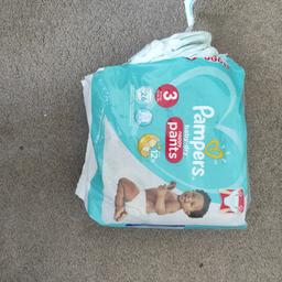 pamper Baby dry pants pack of 26 just the bag open but didn't use my baby size goes up
size 3
size 5  ultra dry  nappies
27 nappies in bag
both pack for £10
smoke and pet free home