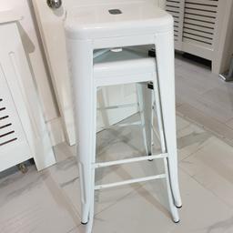 2 white metal barstools, stackable, excellent condition, £30 for two