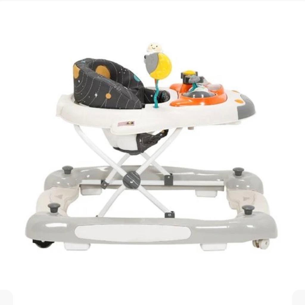 Features
- Suitable from approx. 6-24 months
- Removable padded seat and foot pad
- 3 height positions
- Converts easily from walker to rocker
- Detachable play tray featuring melodies and light-up control panel
- Teething moon and squeaky vinyl astronaut
- Folds flat for storage
- No-tip safety pads
- Requires 2 x AA batteries (not included)

Dimensions
Open Dimensions L 64 x W 49 x H 74
Folded Dimensions L 64 x W 23 x H 74