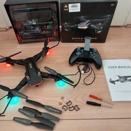 visuo battle sharks drone.
folds up small
spare propeller blades
3 batteries

Camera has 1 pin missing so is a bit loose but could be fixed with a bit of double sided tape or something.

possible swap for ftx carnage car or similar