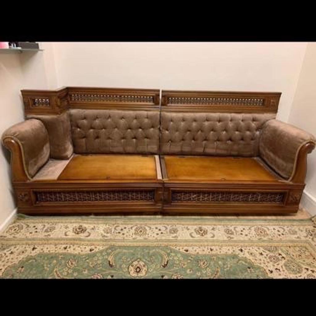 Hand made Egyptian wood storage sofa.
Custom made in Egypt, solid wood, velvet material, two storage cabins under matress with lock. Cushions included.
Very good condition.