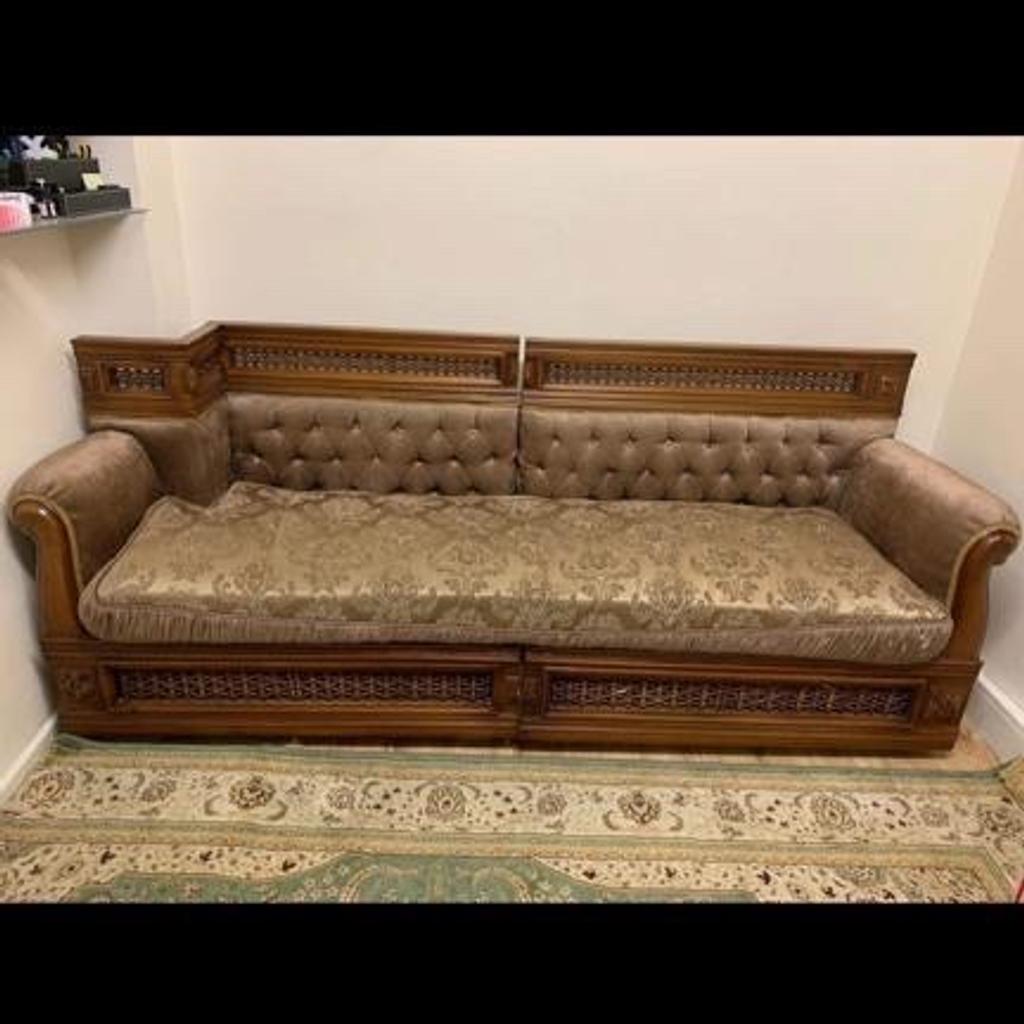 Hand made Egyptian wood storage sofa.
Custom made in Egypt, solid wood, velvet material, two storage cabins under matress with lock. Cushions included.
Very good condition.