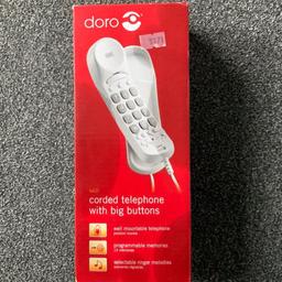 Doro corded telephone
With large buttons
Wall mountable, programmable memories