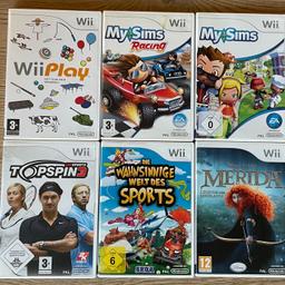 Alle Wii Spiele gehen auch bei der Wii U. 1A-Zustand, Nichtraucherhaushalt. Pro Spiel 8,-. Aktuell noch da:
Wii Play —> 8 Euro
My Sims Racing —> 8 Euro
My Sims —> 8 Euro
Die wahnsinnige Welt des Sports —> 8 Euro
Merida —> 30 Euro
Topspin 3 —> 8 Euro