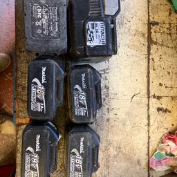 Open to offers 
4 faulty  makita batteries 18v 3 AH 
1 faulty hitachi battery 25.2 v 3AH
1 faulty unknown name battery 18v 4.5 AH
All battles are faulty and will not change up using standard methods of changing