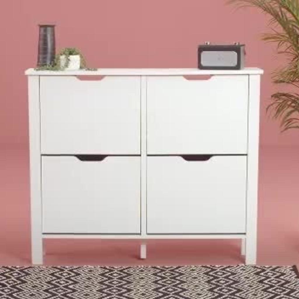 Compton 4 Shelf Shoe Storage Cabinet - White fully assembled but all new and we can deliver local
.Get those piles of shoes in your entrance way under control with our clever Compton Shoe Cab. From the outside it looks like modern, white storage unit, but pull down the recessed handles and inside is a genius cubby for shoes of all sizes Size H93.6, W111.2, D25.3cm