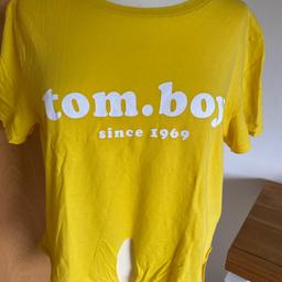T-Shirt gelb, Baumwolle mit Schriftzug in weiß, Brustweite 43 cm, Länge 48 cm