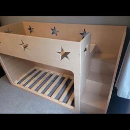 PLEASE READ CAREFULLY
I have bunk beds the same style as the photos mine have just stars on and no gate at the bottom of the steps, mine are painted white but do need freshening up. The bed comes with storage steps and a drawer underneath the bottom bunk, have been dismantled ready for collection. 
A standard single mattress fits both bunks 
Any questions please ask