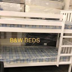NEPTUNE WHITE BUNK BED
FRAME ONLY £280.00

Dimensions: W205 x D104 x H152cm
The Neptune bunk bed is the ideal space saving solution and perfect for modern living. Made from solid pine wood, this bunk bed can also be split into two single beds, so it is an extremely practical and versatile piece that will last you for years to come.
Features:
Classic single bunk bed
Made from solid pine wood
Can be split into 2 single beds
Side rails included for safety
Solid wooden bed slats
Accepts 2 standard UK single mattresses (3ft)
Assembly required

B&W BEDS 

Unit 1-2 Parkgate court 
The gateway industrial estate
Parkgate 
Rotherham
S62 6JL 
01709 208200
Website - bwbeds.co.uk 
Facebook - Bargainsdelivered Woodmanfurniture

Free delivery to anywhere in South Yorkshire Chesterfield and Worksop 

Same day delivery available on stock items when ordered before 1pm (excludes sundays)

Shop opening hours - Monday - Friday 10-6PM  Saturday 10-5PM Sunday 11-3pm