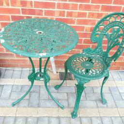 Here we have an aluminium garden table and 1 chair. In great condition but could do with being stripped and painted. Ref. (#1236)

 Table
 Height........ approx 28 inch / 71 cm
 Width........ approx 23.5 inch / 59.5cm

 Chairs
 Height........ approx 34 inch / 86 cm
 Width........ approx 15.75 inch / 40 cm
 Depth........ approx 17 inch / 43 cm

Pick up only, Dy4 area. Cash on collection.
