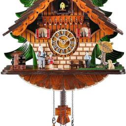 When time's up: cuckoo pops out from nest sings and calls "Coo Coo" with echo to entertain you and your families

This gorgeous cuckoo clock is made of solid wood and has an approximate dimensions 29cm x 16.5cm x 29.5cm (without pendulum)
The Cuckoo Clock components of Night Shut Off Sensor and Music Control Switch

1 SWITCH AND 1 BUTTON easy to setup and operating

This cuckoo clock is powered by 3 Type-C batteries (not included).We recommend use carbon zinc batteries and change the batteries twice a year for optimum performance and enjoyment.