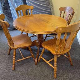 Good quality pine table and 4 chairs - quite heavy.
Chairs have a flower motif on the back.
Table top has some marks as expected from a used item
£80.00
110CM DIAMETER
75CM HIGH

COLLECTION AVAILABLE 7 DAYS A WEEK
OR WE CAN DELIVER TO ANYWHERE IN SOUTH YORKSHIRE, CHESTERFIELD OR WORKSOP.

PLEASE CALL 07548853374
Unit 1-2 Parkgate Court 
The gateway industrial estate
Parkgate 
Rotherham
S62 6JL 
Website - bwbeds.co.uk