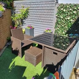 glass top table and 4 chairs  with 4 stools 
will consider  swap for rattan garden sofa !
or cash