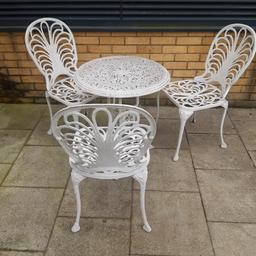 very attractive garden/balcony table and 3 chairs, can be used as is or can be sanded down and repainted in a colour of your choice
in good condition stored inside but will need a wash down because its dusty
grab a bargain, will last for years if look after .
questions welcome