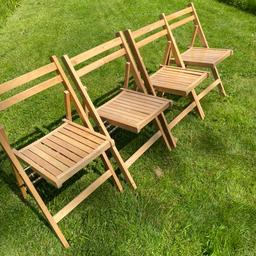 Four Wooden Folding Chairs- Derbyshire S42 Pick Up
- Good Working Nice Condition, the odd in ding
- Lacquered Beech Finish 
- Solid Wood
- 31 inches high when open
- 18 inches deep
- 17.5 inches wide
- Very handy to have in an emergency visit situation, in the garden, Christmas dinner when uncle Tom & Auntie Mabel turn up unexpectedly