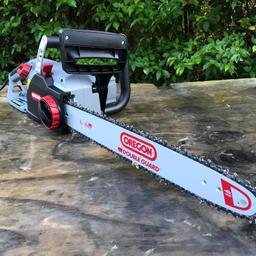 Oregon CS1500 2400W 18" Electric Chainsaw. Features a revolutionary self-sharpening system, meaning you can sharpen the chain at the touch of a button, without removing the chain. Also features a toolless system for easy adjustment of chain. 

Instant electric start, anti-vibration design and auto chain oiling. Powerful 2400W motor and heavy duty Oregon 3/8 chain makes short work of trees and logs. 

Mint condition, mechanically 100% and ready to work. Comes complete with guard for easy transport and storage. Retails online for £130, priced to sell at £65, collection only from Blackpool, Lancs.