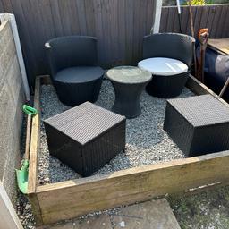 Ratten garden furniture two bistro curved chair two stools and small round table one cushion missing but easy to pick one up