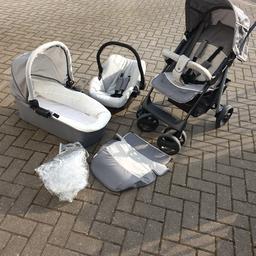 carry cot never been used. car seat used for 3 4 times but still in perfect condition. pushchair in good condition used couple of times.