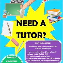 Home and online tuition | KS1, KS2, 11+ SATs | Affordable rates | Online tutoring (Skype/Zoom)

Affordable rates
Flexible hours
FULL Enhance DBS checked
Experienced and qualified teachers
Large groups/ small groups and 1-1 tuition

Does your child need some help to improve their English, Maths or Science? Give your child a brighter future
- We are a group of qualified teachers who have worked in many outstanding primary schools in a range of localities where children have varied needs
- Experience in SEND schools working with children with a range of needs along the spectrum
- Full DBS checked, on the update service along with 5+ years experience in teaching and learning
- Maths, English, Science, foundation subjects, SATs, 11+ revision
- Experience of the National Curriculum Years 3-7 and 5-11
- Experience in KS1 and KS2 SATS TESTS MARKING

Instagram - A1learning

Email a1learning@outlook.com

Please call/text/WhatsApp 07845071444