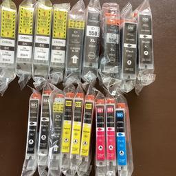 18 Canon compatible ink jet cartridges. All brand new and in cellophane wrappers. The cartridges are mostly black along with one cyan, two magenta and three yellow and will fit a number of Canon printers including models Pixma MG 5450, 5550, 6350, 6450 and others.