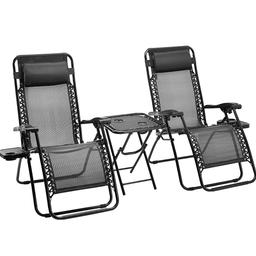 Colour Black
Brand Amazon Basics
Product dimensions 94D x 26.9W x 66H centimetres
Style Set
Special feature Cup Holders,Reclining,Foldable
Material Alloy Steel
Zero-gravity chair (2-pack) with side table for ultimate comfort and convenience when relaxing outdoors
2 removable headrest pillows and 2 cup holders (1 for each chair) and 2 cup holders (integrated into the table); chairs and table fold flat for compact storage and easy transport
Lockable recline function; safe, sturdy construction; made of durable steel and Textilene fabric; Black color
Spot clean with a damp cloth; do not iron; do not use strong chemicals for cleaning
Each chair measures 66 by 104.5-165.3 by 75.6-109.2 cm (LxWxH); table measures 47 by 47 by 54.5 cm (LxWxH); weighs 19 kg
Could deliver locally for extra