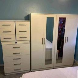 Wardrobe Measurements:   Height: 184cm   Width: 76.5cm   Depth: 50cm 

Chest Drawer’s Measurements:    Height: 102cm   Width: 77.5cm   Depth: 40.5cm

2 x wardrobes
2 x bedside cabinet
1 x chest drawers

Available in other colours