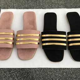 2 Pair Of Ladies Summer Slip-On Mules/Sliders Sandals With Very Low Heel Uk5 (38) Both Pair Are Brand New Unworn, 1 Pair Is In Black & Gold And The Other Is In Dusty Pink & Gold I’m Selling Both Pair Together For Only £20.00 Collection Is From Merton SW16 5HH