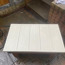 Hand made PVC table, excellent quality material used for decking, very strong and sturdy.

Brown legs and sides, cream board on top
Quirky and I made it myself so one of a kind!

Height 52cm
Width 55cm
Length 92cm
