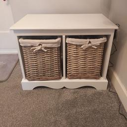 White wooden storage unit with 2 baskets. Could be used for toys or shoe storage and makes a handy seat. Very study unit. Buyer collects only. Measures 48cms high, 62 cms across and depth 40cms.