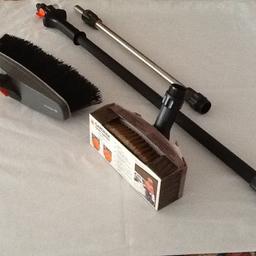 Cleaning system by Gardena (German make) consist of handle with swirl chamber 39", extension handle 23", soft brush, patio brush