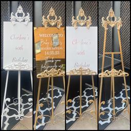 Hire our stunning ornate gold or white easel and personalised welcome boards for £35 

Various boards available 
White
Frosted white 
Gold mirror 
Silver mirror 
Black 

In your colour font we can personalise it to suit your event 

Hire item only 

Free delivery within ten miles of b31 

Message to check availability 

Do other decor items too please look 👀