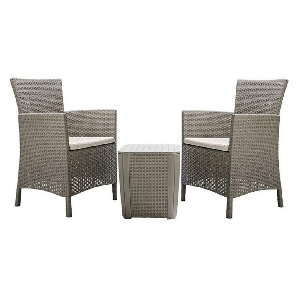Keter Iowa 2 Seater Rattan Effect Garden Bistro Set - Cream fully assembled and all new and we can deliver local
The cushions are included. You need to remove the seat pads for a weather

Chair seat and back made from resin.
Size H89, W62, D60cm