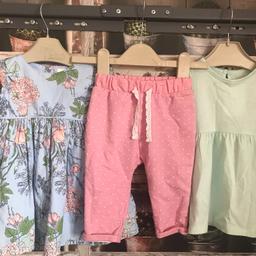 THIS IS FOR A BUNDLE OF GIRLS CLOTHES

1 X PINK JOGGING PANTS WITH WHITE DOTS - NEW WITHOUT TAGS
1 X PALE GREEN DRESS FROM F&F - NEW WITHOUT TAGS
1 X NEXT PALE BLUE DRESS WITH FLORAL DESIGN - WASHED BUT NEVER WORN

PLEASE SEE PHOTO