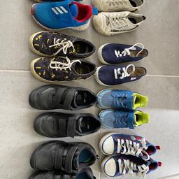 8 pairs of shoes, photo bottom right corner to top right corner:
1.GEOX Mickey UK 11 1/2 Good Condition
2.Blue ADIDAS trainers UK 9 Good condition
3.Blue VICTORIA summer shoes UK 13 Good condition
4.White ZARA trainers WITH ELASTIC UK 11 Fair condition

From bottom left corner to left top corner:
5.Black M&S school trainers UK 13 Fair condition.
6.Black CLARKS school shoes UK 13 1/2 Fair condition
7.Black BATMAN summer shoes UK 13 Fair condition
8.Blue ADIDAS trainers UK 10 Fair condition

Price for whole pack. Selling at £8 individually (including shipment)