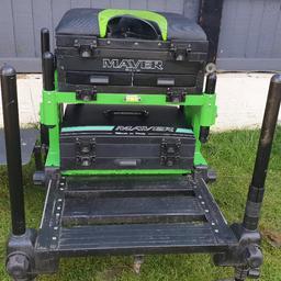 Maver MVR seat box with footplate and side footplate for margin fishing.

Good used condition, small split in pole support but doesn't affect use.

all clips and telescopic legs in perfect condition.

4 leg quad box with spirit level.

2 front draws
1 side draw
storage under cushion
1 removable stacker unit which consists of 2 storage compartments

side footplate will also come 2x  maver mud feet telescopic legs 

open to offers