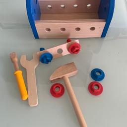 This wooden toolbox is great for roleplaying fun.
Your children will love playing at fixing things around your house. The colourful toolbox is made with solid, chunky handles on the on the actual box and on the tools, making it perfect for little hands to grip. The set is great for teaching your children cause and effect.
The tool box comes with a wooden spanner, screwdriver and hammer and includes plastic safety screws.