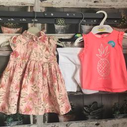 THIS IS FOR A REALLY SET OF GIRLS CLOTHES

1 X DUSTY PINK FLORAL DRESS FROM NEXT - ONLY WORN FOR A HOLIDAY AND THEN TO SMALL
1 X BRAND NEW - FROM F&F - PINK T-SHIRT WITH PINEAPPLE THEM AND MATCHING WHITE LEGGINGS

PLEASE SEE PHOTO