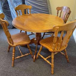 Good quality pine table and 4 chairs - quite heavy.
Chairs have a flower motif on the back.
Table top has some marks as expected from a used item
£80.00
110CM DIAMETER
75CM HIGH

COLLECTION AVAILABLE 7 DAYS A WEEK
OR WE CAN DELIVER TO ANYWHERE IN SOUTH YORKSHIRE, CHESTERFIELD OR WORKSOP.

PLEASE CALL 07548853374
Unit 1-2 Parkgate Court 
The gateway industrial estate
Parkgate 
Rotherham
S62 6JL 
Website - bwbeds.co.uk