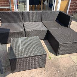 5 piece modular rattan furniture with glass table and stool and corner sofa arrangement

Great condition and weather proof perfect for all year round outdoor seating and lounging!

We are moving home in July and need to sell a lot of furniture and items including

Leather joey chair
Large 3m corner sofa with sofa bed
Nintendo Wii Beatles rockband
PRS SE custom guitar
iMac 27inch
White wardrobe with mirror
Executive office chairs including one dams Franklin premium
Wooden desk with storage
Double bed with divan base
Freestanding punchbag
Xbox One S and 30 games!
Dining room units
White Specialized 650b pro mountain bike
York weights bench and weights
HP spectre X360 laptop

Plus more! Please message me for a full list. Everything has to be sold by July as we have to downsize to a much smaller place!!!!

Thanks
Theo

Collection from W7