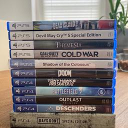 Ein paar Spiele sind noch sealed/neu (siehe letztes Foto) sowie 3 XBOX Spiele sind dabei.

Bei Abnahme von mehreren Spielen wird’s günstiger !

Playstation 5:

- Dead Island 2 [verkauft]
- Devil May Cry 5 [verkauft]
- Thymesia [verkauft]
- Call of Duty Black Ops Cold War [verkauf]

Playstation 4:

- Shadow of the Colossus (Sealed) [verkauft]
- Doom (Sealed) [10€]
- Tony Hawks Pro Skater 1+2 [15€]
- Battlefield 5 [verkauft]
- Outlast Trinity Bundle (2 Disc‘s) [20€]
- Descenders [verk]
- Days Gone Special Edition [verkauft]

Playstation 3:

- Sly Cooper: Thieves in Time (Sealed) [45€]
- L.A. Noire (Sealed) [25€]
- Gran Turismo 5 [verkauft]
- Bulletstorm Limited Edition [3€]
- Bulletstorm (Sealed) [15€]
- God of War 3 [verkauft]
- Resident Evil 5 [verkauft]
- Dantes Inferno [verkauft]
- RedDeadRedemption Undead Nightmares (keine Originale Hülle) [2€]
- Fallout 3 (keine Originale Hülle) [2€]
- Haze (keine Originale Hülle) [1€]

Playstation 2:

- Burnout Revenge (Sealed)