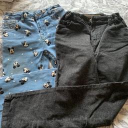 Disney @ Primark Blue Mickey Mouse Stretch Jeans with frayed edges. Primark Skinny Stretchy Sparkly Grey Cord Jeans. Both age 8-9.