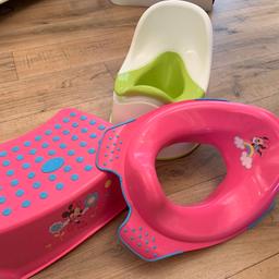 Ikea Potty with easy removable inner in green and white. Toddler Pink Miss Minnie Toilet Seat and matching Step.