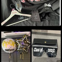 Prom and leavers items

Prom helium balloon with weight £4
Class or 2023 glasses £5
Personalised socks, hanger set £6
Personalised flute glass and hanger £6
Personalised 16oz cold cup £7 with straw box £8.50