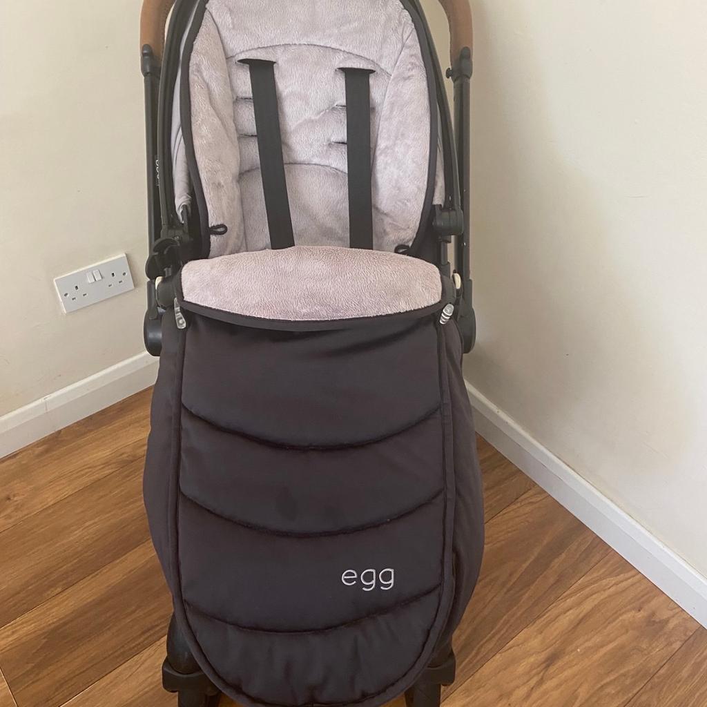 Egg stroller pushchair in good used condition.
There are a few minor scratches which I’ve tried to show on the pictures, these are from general wear and tear.

Suitable from six months to a maximum weight of 15kg. Can be used from birth by attaching an Egg carrycot or compatible baby carseat to use as a travel system
Reversible seat unit can be used in both parent and forward facing mode
Three position seat recline
One-hand fold, compact chassis
Complete with new born insert, foot muff, raincover (with a small tear) & seat liner
Fixed or swivel front wheels
Features True-Ride Technology PU Polymer tyres
Quick release wheels
All round suspension
Can convert to travel system using adaptor and a compatible car seat, adaptor for and car seat available
Unfolded Dimensions: D106.5xW59xH88-98cm
Folded Dimensions: H29xW67xD59cm
Pushchair weight: 13.5kg