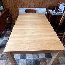 For sale, extendable wooden dining room table with four high back chairs. Two extra panels that extend the table from 1.52m to 2.2m (x840mm) are stored within the table. One chair could do with a little TLC as the glue in the joints has dried out, easy fix wood glue ￼nothing major, otherwise fully functional. Table legs can be taken off to help transport the table.

This is a collection Item only located in Chingford E4 8QQ. I do not deliver.