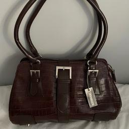 Patent dark brown/burgundy shoulder bag, inner zipped sections. Excellent condition!